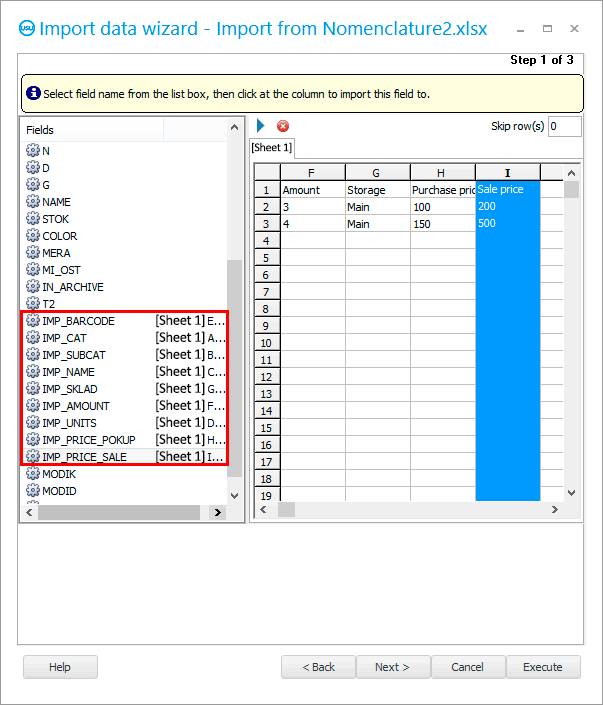 Koneksyon sa tanang natad sa USU nga programa nga adunay mga column gikan sa Excel table