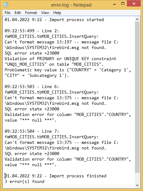 Import log with errors