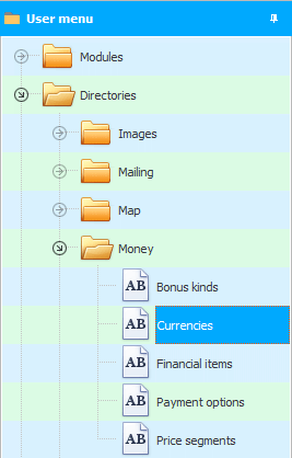 Menu. Currencies