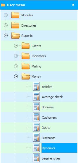 Menu. Sales dynamics