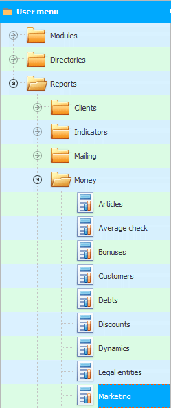 Meny. Rapportera. Marknadsföring