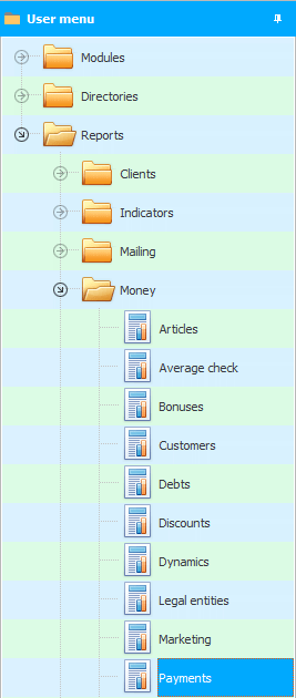 Menu. Report. Payments