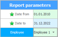 Opcje raportów. Podano daty i pracownika