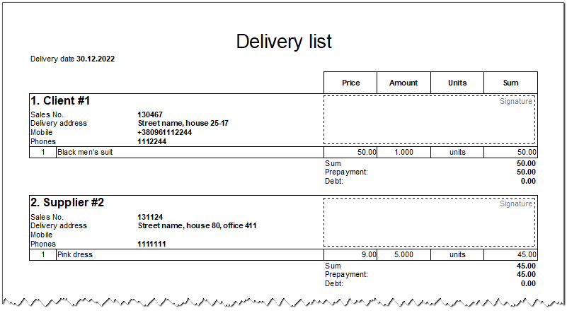 delivery list