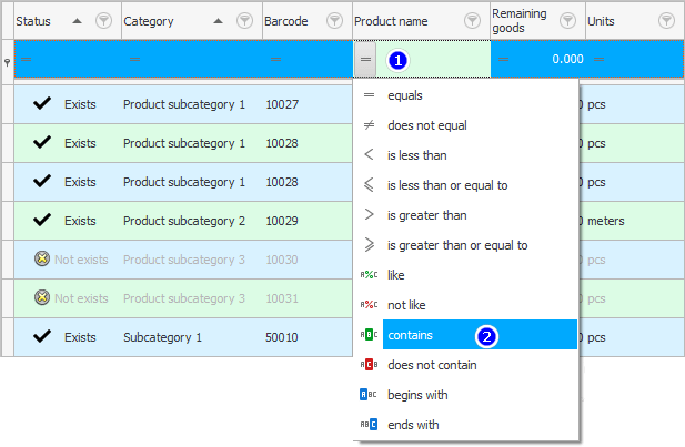 Filter line in the item nomenclature