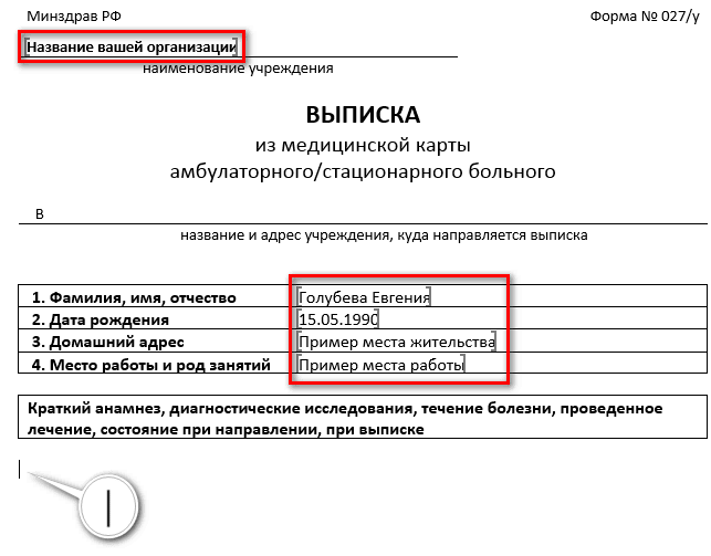 Автоматически заполненные поля медицинской формы № 027/у