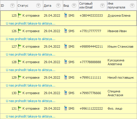Список сообщений для рассылки