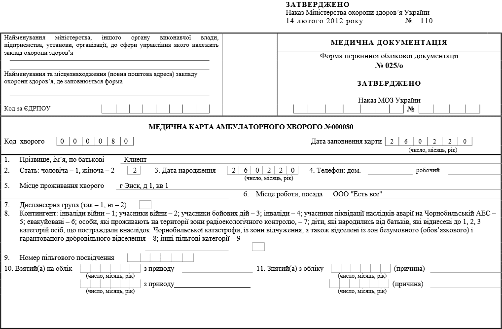 Медицинская форма первичной учетной документации 025/о в Украине