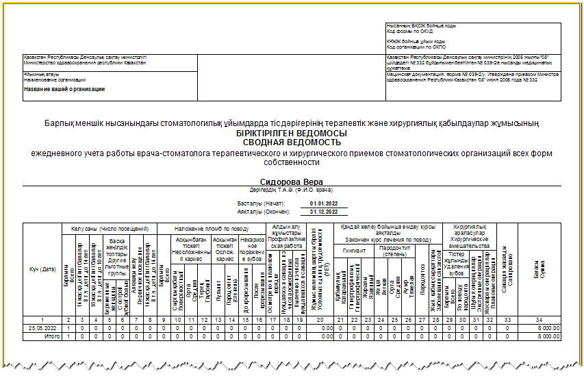Форма 039-2/у - сводная ведомость ежедневного учета работы врача-стоматолога терапевтического и хирургического приемом стоматологических организаций