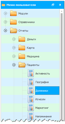 Меню. Отчет по должникам