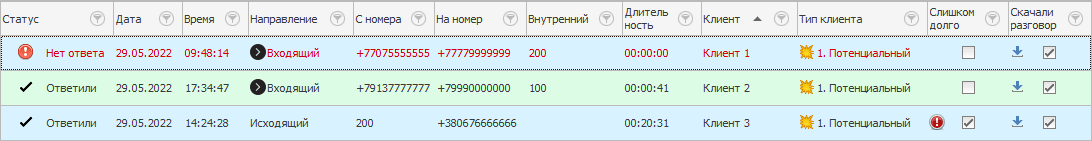 Список входящих и исходящих звонков