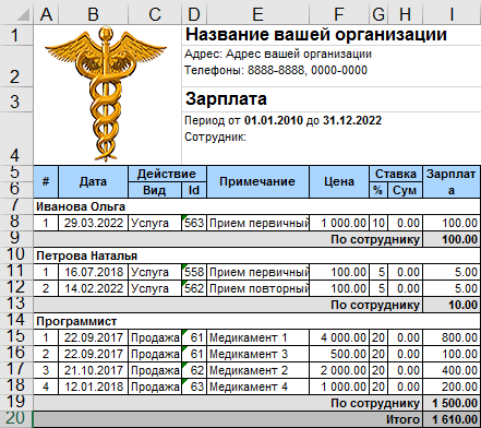 Экспортированный в эксель отчет