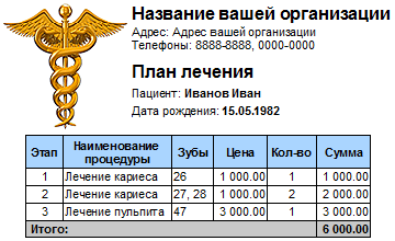 Отчет. План лечения стоматолога
