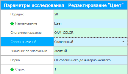 Поля для параметров исследования