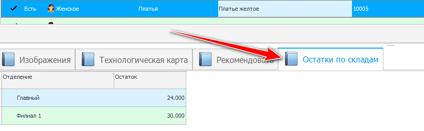 Остаток товара по каждому складу