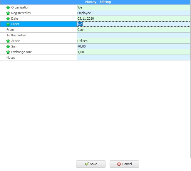 Registration of expenses